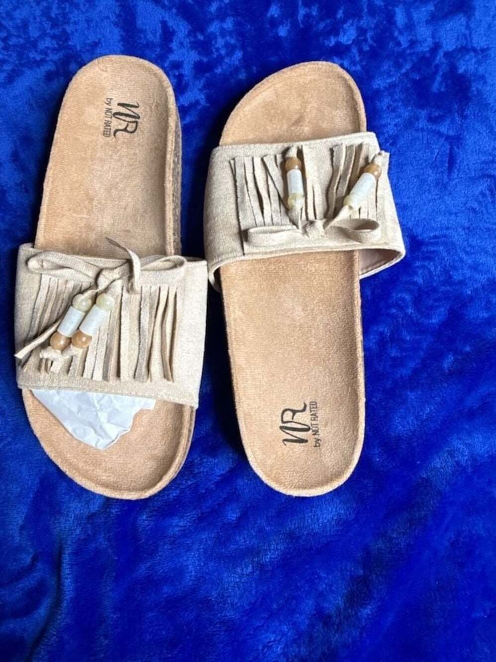 Not Rated Lilliam Fringe Beaded Sandals Beige Slide